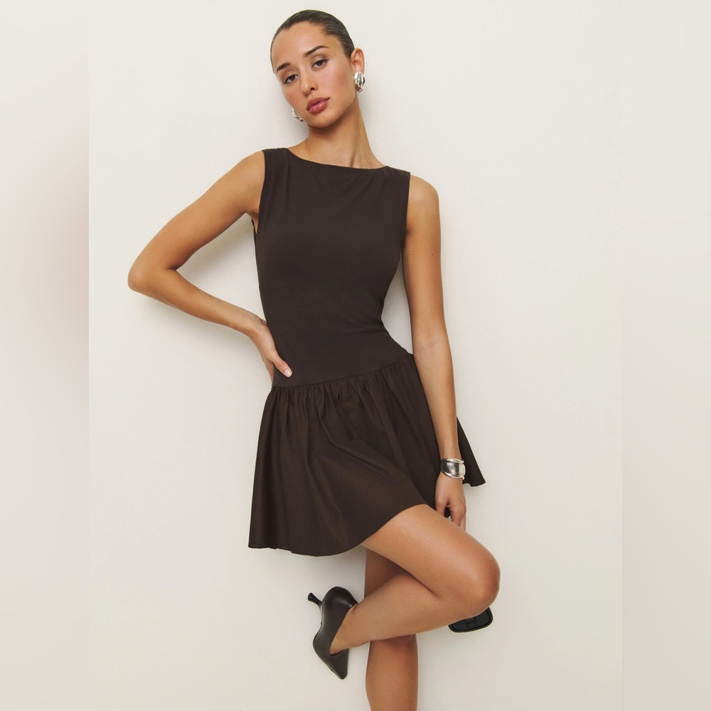 REFORMATION Defina Boatneck Flare Mini Dress Brown Medium